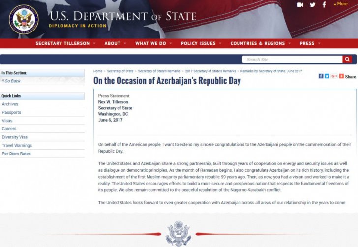 Reks Tillerson: ABŞ Azərbaycanla əməkdaşlığı daha da genişləndirmək niyyətindədir Reks Tillerson: ABŞ Azərbaycanla əməkdaşlığı daha da genişləndirmək niyyətindədir